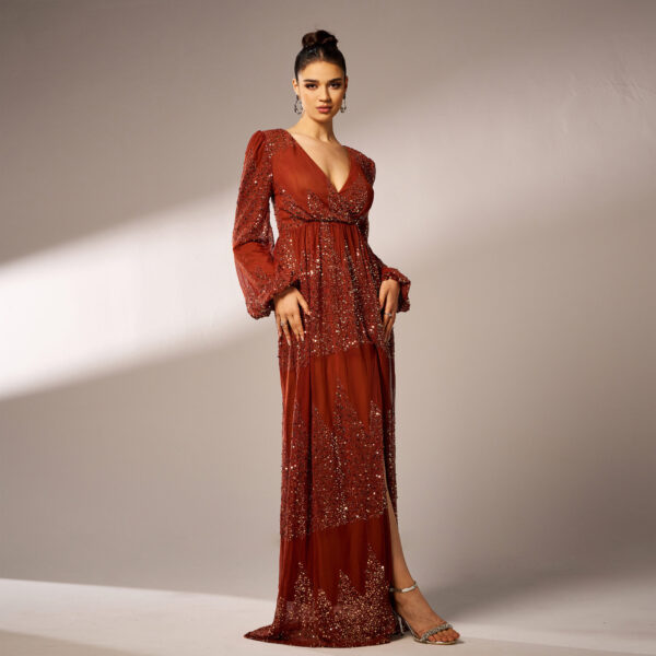 Long Sleeve V-neck Sexy Long Sequined Evening Dress - Image 6