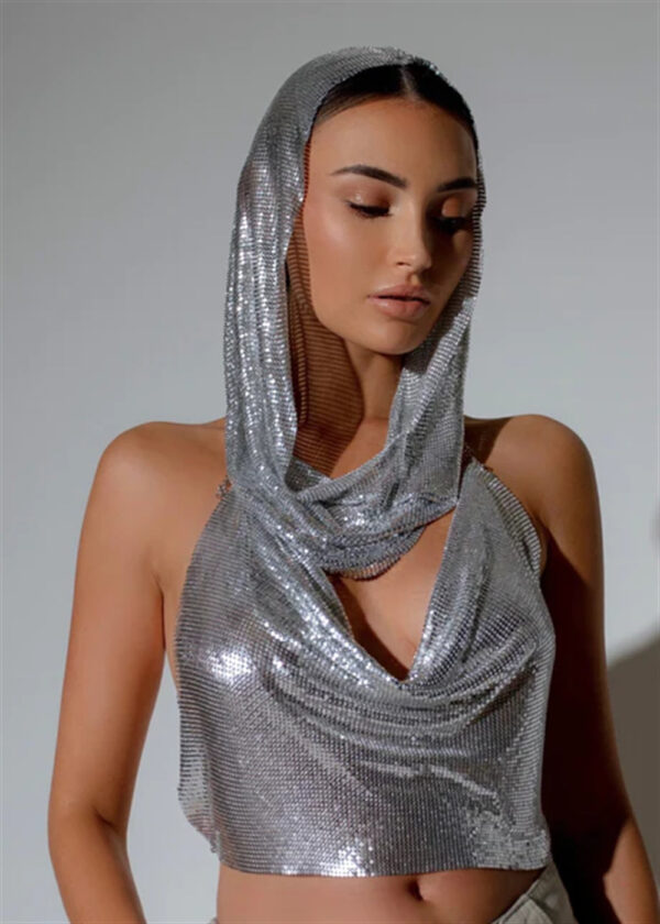 Back Slit Metal Sequins Top Scarf Two-piece Set - Image 4