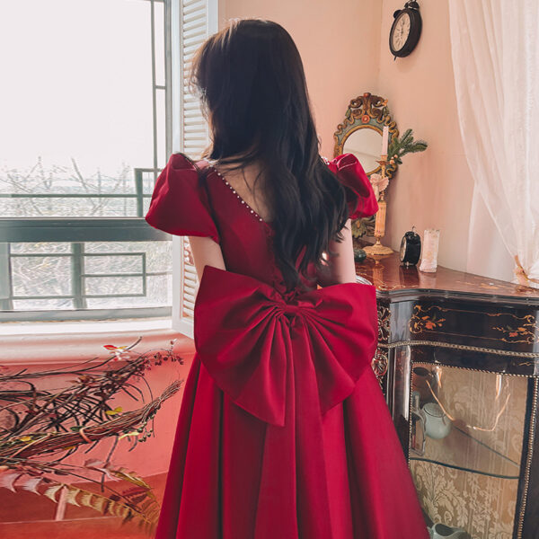 Winter Wine Red Engagement Daily French Princess On The Run Satin Dress - Image 3
