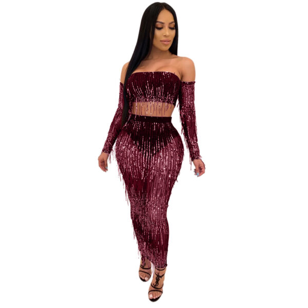 Fashion Sexy See-through Mesh Sequins Tassel Two-piece Set - Image 10