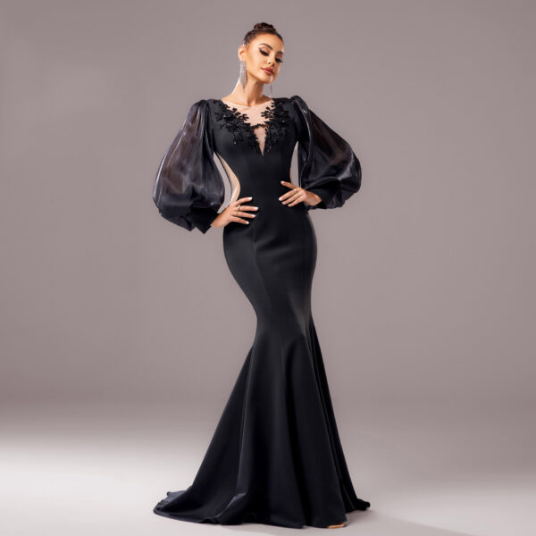 Long Sleeve Round Neck Banquet Applique Sheath Fishtail Dress - Image 3