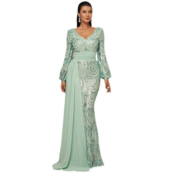 Long Sleeve Sexy Long Sequined V-neck Banquet Ribbon Evening Dress - Image 2