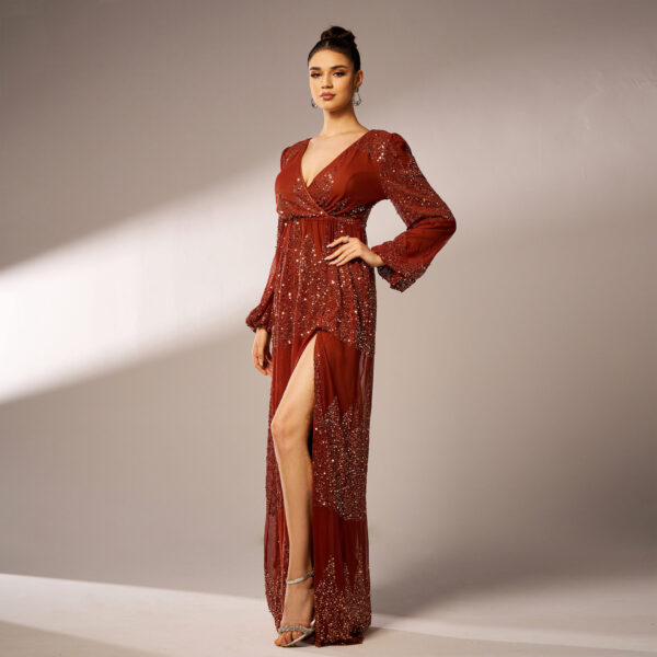 Long Sleeve V-neck Sexy Long Sequined Evening Dress - Image 2