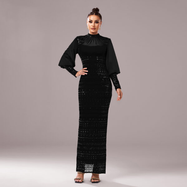 Long Sleeve Round Neck Sequins Slit Evening Dress - Image 7