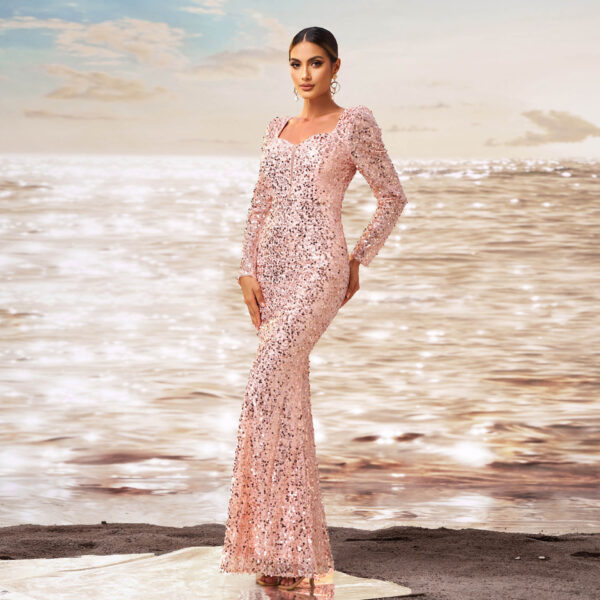 Long Sleeve Square-neck Sequined Sheath Fishtail Evening Dress - Image 3