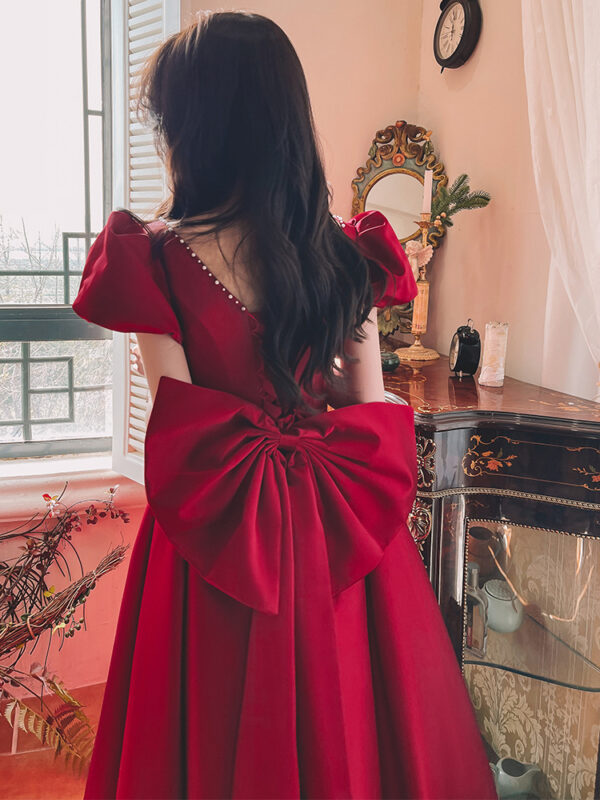 Winter Wine Red Engagement Daily French Princess On The Run Satin Dress - Image 5