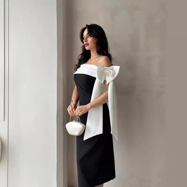 Women's Off-shoulder Bow Black And White Color Matching Elegant Cocktail Dress - Image 5