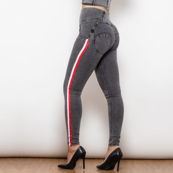 Shascullfites Melody High Waist Dark Thread Grey Jeans With Stripe Jeans Bum Lift Pants Shaping Jeggings Women Pants