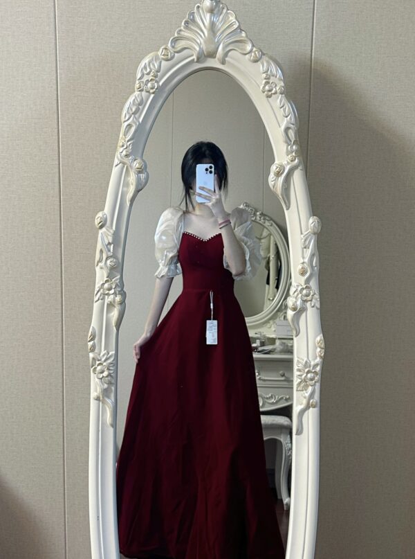 Small Plus Size Wine Red Puff Sleeve Princess High-grade Evening Dress - Image 2