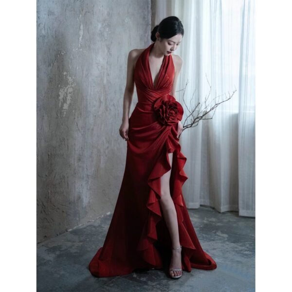 Socialite Style Wine Red Elegant Halter Bride Wedding Toast Dress - Image 4