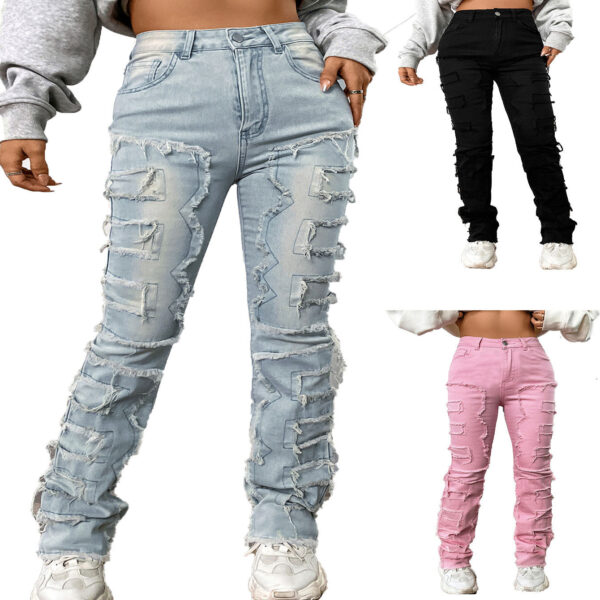 Women's Embroidered Straight-leg Pants Fashion I Stretch Patchwork Jeans - Image 8