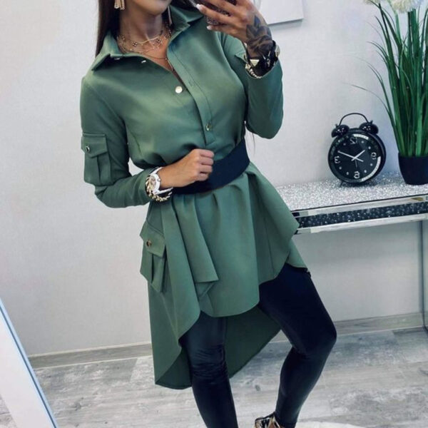 Ladies Fashion Irregular Long Sleeve Shirt Dress - Image 3