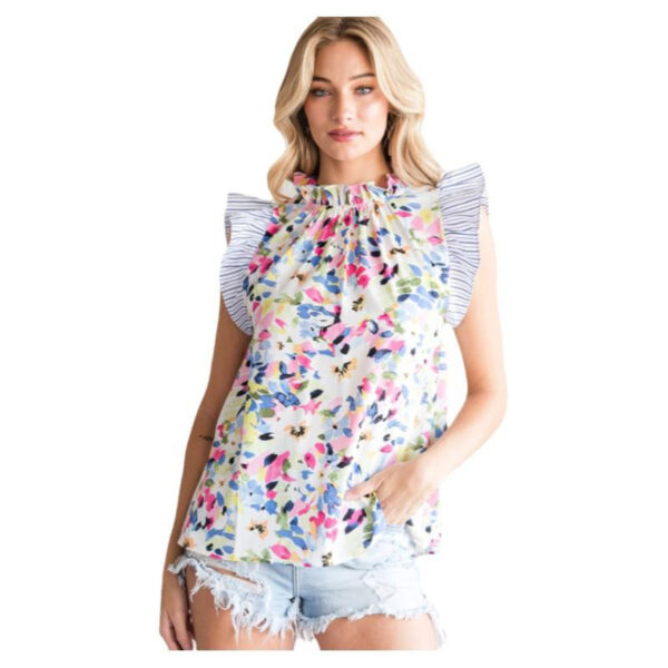 Striped Patchwork Ruffled Sleeveless Top For Women - Image 2