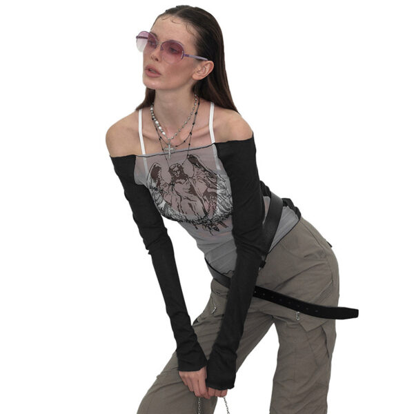 European And American Hot Girl Style Gauze Knitting Stitching Off-neck Printed Transparent Top - Image 3