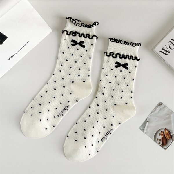 Three-dimensional Curling Polka Dot Bow Female Ballet Style Pure Cotton Mid-calf Length Socks - Image 9