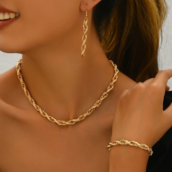 14K Gold Plated Stylish Gold Chain Link  Necklace, Bracelet, And Earring Set - Image 5