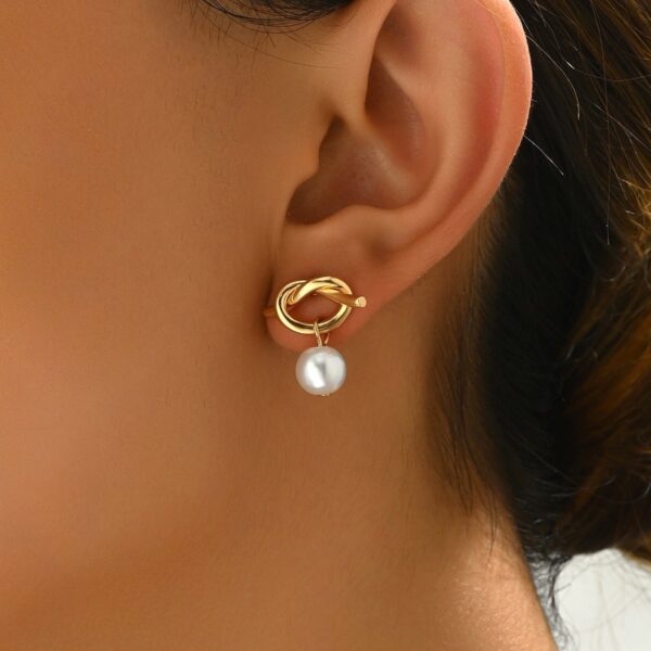 Elegant Gold Knot Stud Earrings With Pearl Drop - Image 2