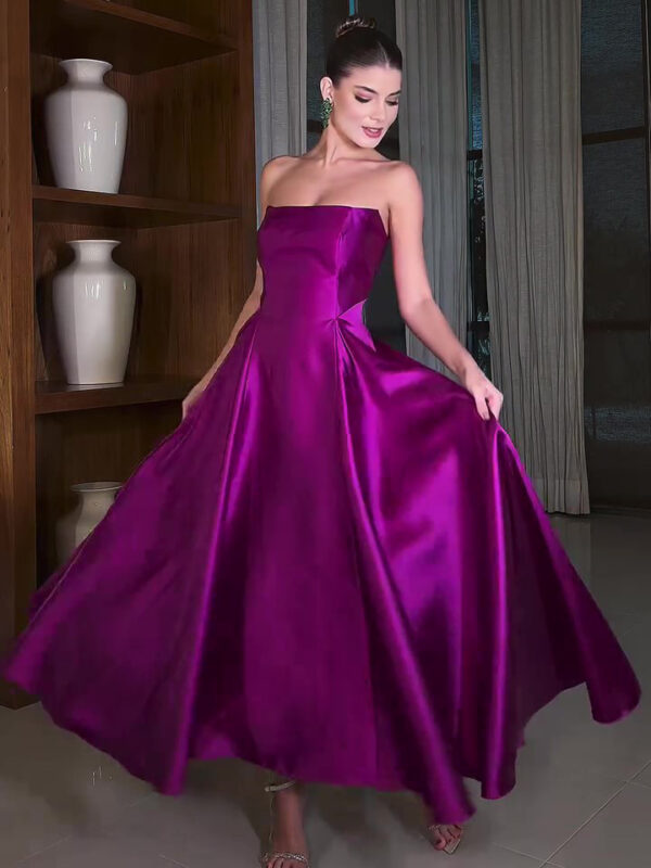 Satin Tube Top Full Skirt Dress - Image 2