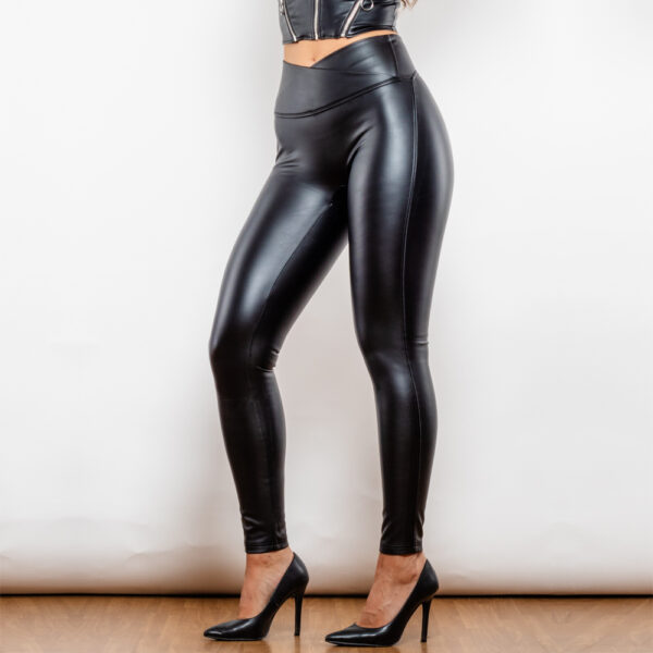 Shascullfites Melody X Cross Matt Black High Waist Leather V Shape Leggings Vegan Leather Leggings Women's Pants - Image 7