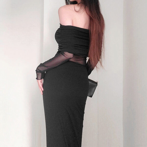 Women's Winter Sexy Off-the-shoulder Pleated Long Sleeve Polyester Dress - Image 3