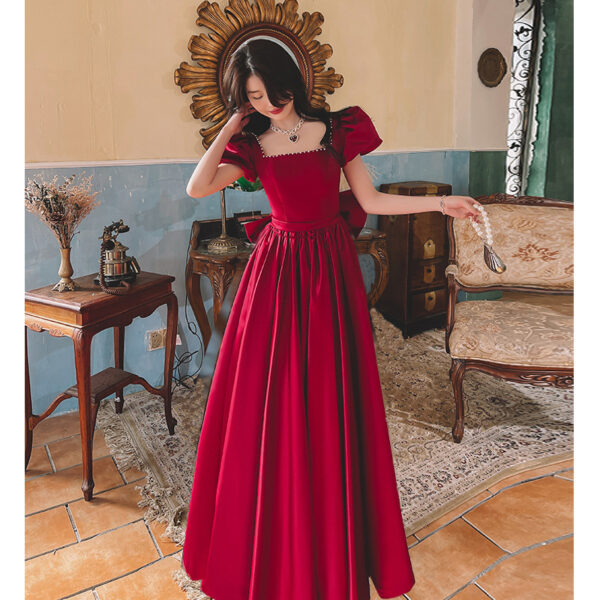 Winter Wine Red Engagement Daily French Princess On The Run Satin Dress - Image 4