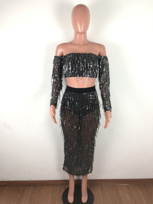 Fashion Sexy See-through Mesh Sequins Tassel Two-piece Set - Image 6