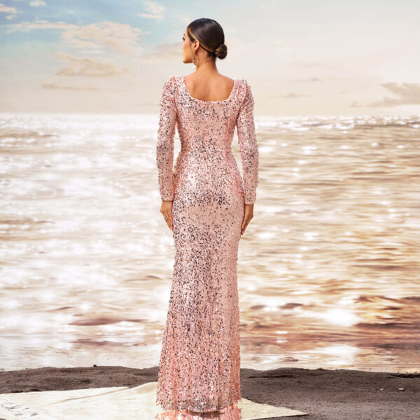 Long Sleeve Square-neck Sequined Sheath Fishtail Evening Dress - Image 2