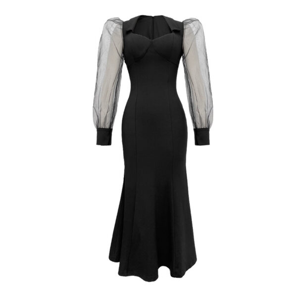 French Style Square Collar Long Dress For Women Hepburn Style Elegant Socialite Mesh Puff Sleeve Fishtail Dress - Image 5