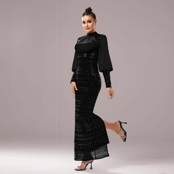 Long Sleeve Round Neck Sequins Slit Evening Dress - Image 5