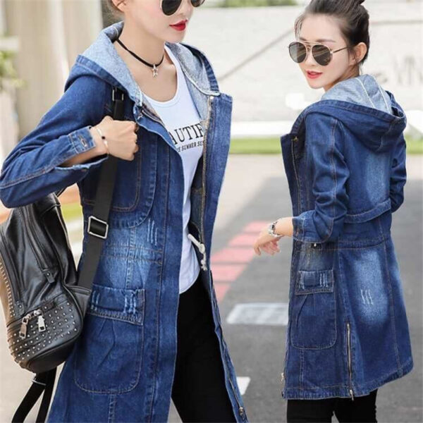 Women's Mid-length Long-sleeved Hooded Denim Jacket - Image 3