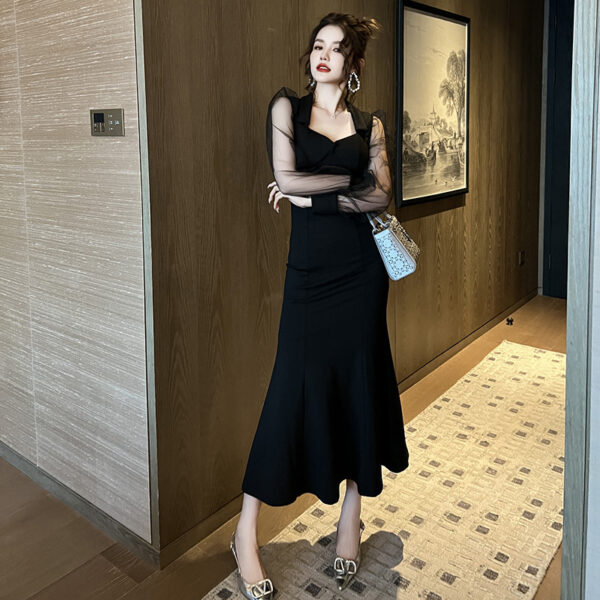 French Style Square Collar Long Dress For Women Hepburn Style Elegant Socialite Mesh Puff Sleeve Fishtail Dress - Image 2