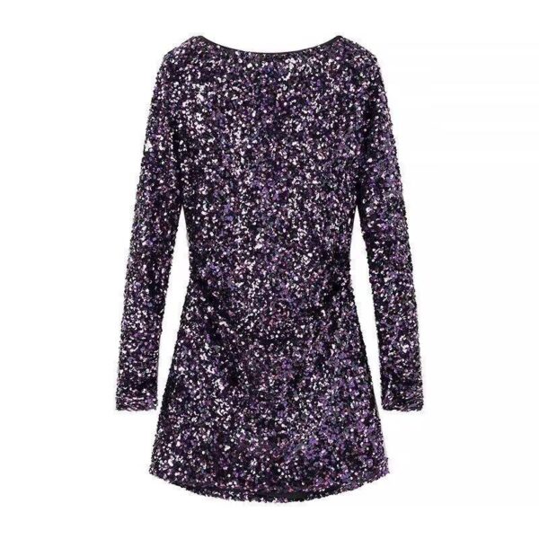 French Style Retro Crew Neck Long Sleeve Sequined Backless Dress - Image 4