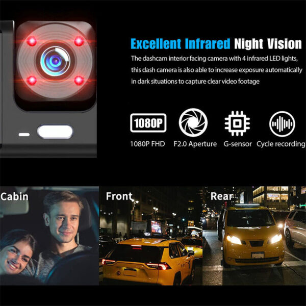 Dash Cam Car HD 1080P Front-Rear-Inside Dual Lens Video Recorder Camera G-Sensor - Image 9