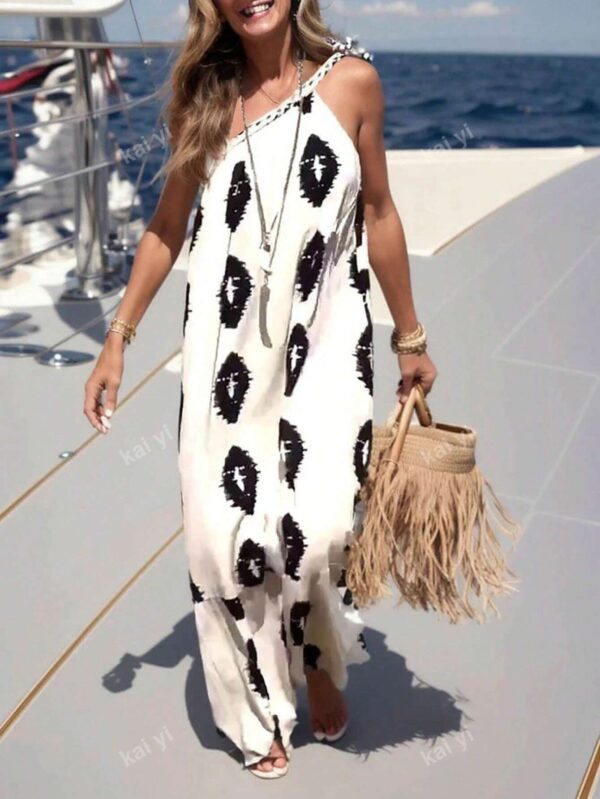 Neckline Tie-Up Allover Allover Print Sexy Boho Sleeveless Dress - Image 4