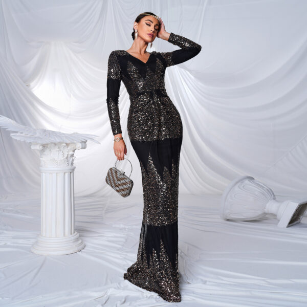 Long Sleeve V-neck Sexy Slim-fit Long Sequined Banquet Evening Dress - Image 5