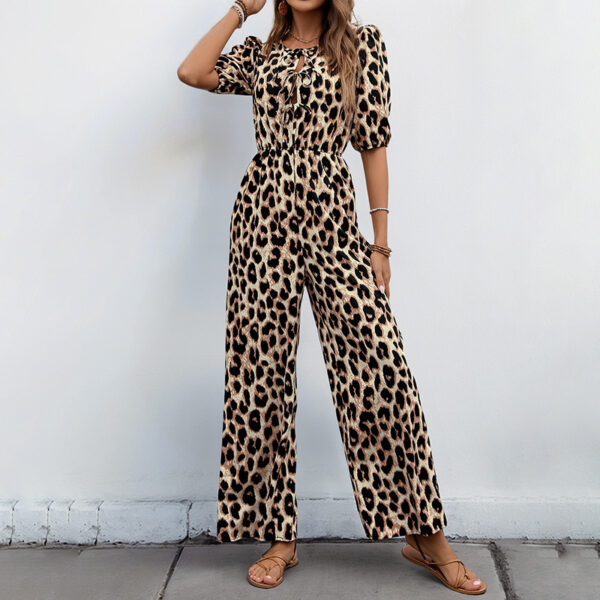 European And American Jumpsuit Tied High Waist Leopard Print One-piece Trousers - Image 3