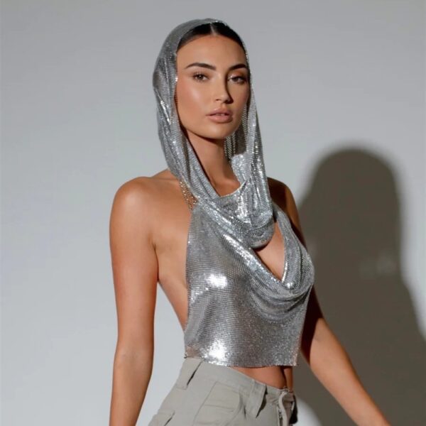 Back Slit Metal Sequins Top Scarf Two-piece Set - Image 3