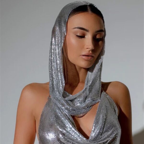 Back Slit Metal Sequins Top Scarf Two-piece Set - Image 5