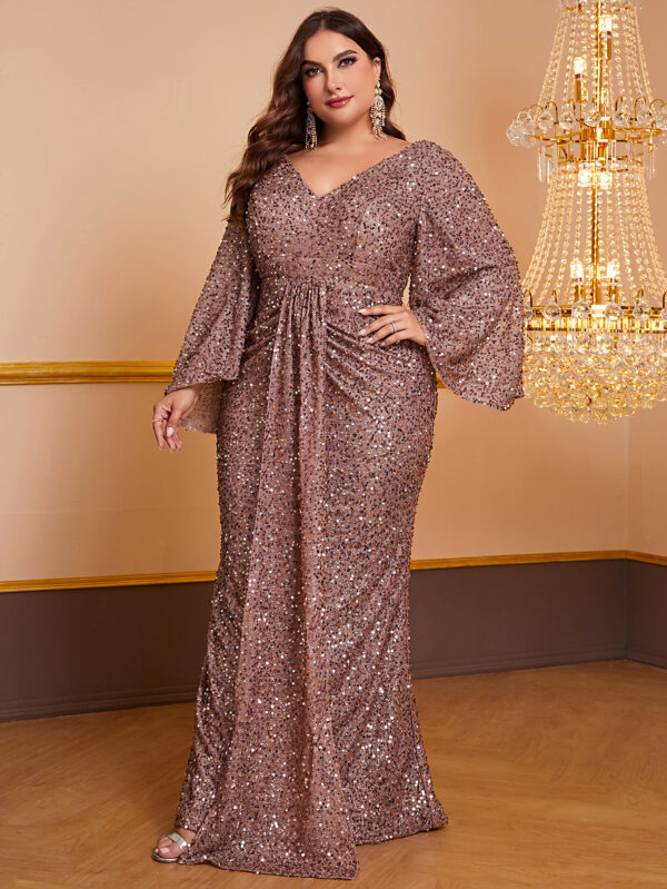 Women's Sequin Long Sleeved V-neck Pleated Dress - Image 3