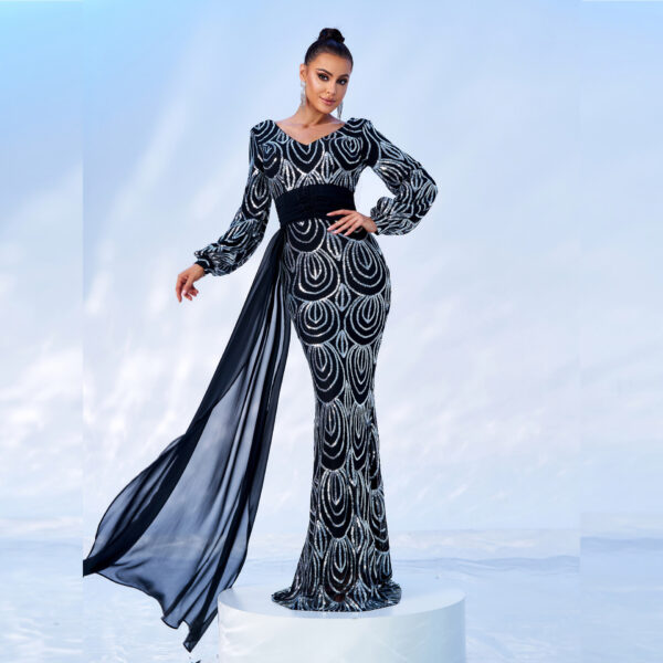 Long Sleeve Sexy Long Sequined V-neck Banquet Ribbon Evening Dress - Image 7