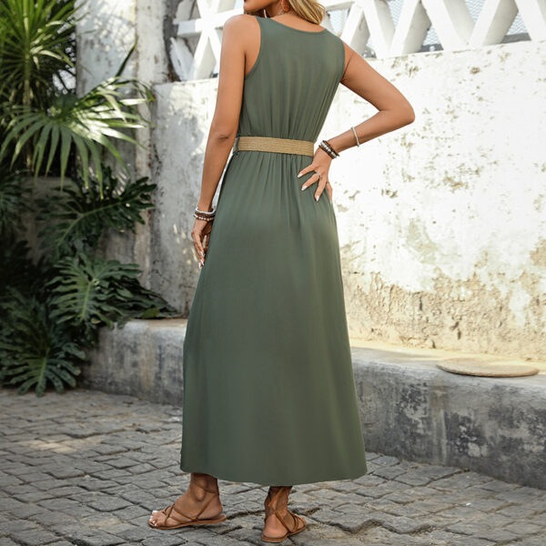 Summer Round-neck Sleeveless Split Dress With Button Design Fashion Solid Beach Long Dresses For Women Clothing - Image 4