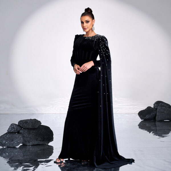 Velvet Round Neck Long Sleeve Rhinestone Evening Dress - Image 3