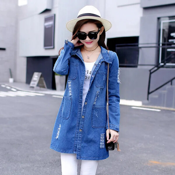 Women's Loose Ripped Mid-length Denim Jacket - Image 7