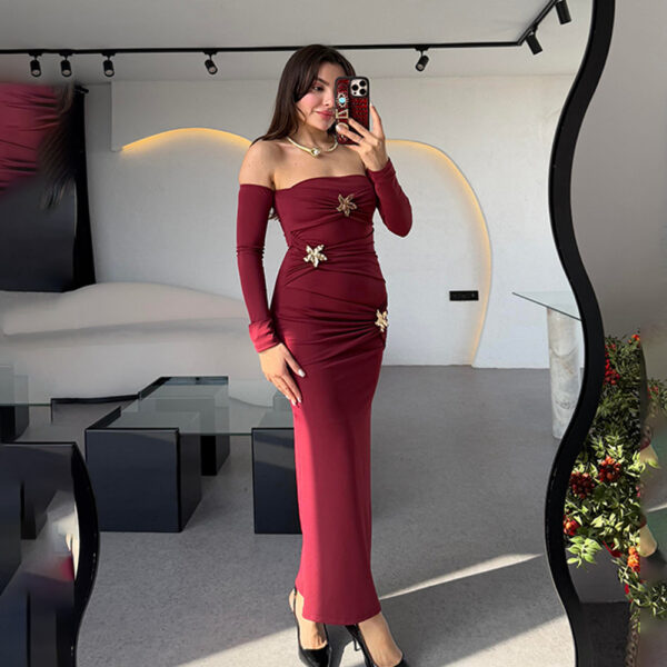 Women's Pleated Long-sleeved Dress Fashionable Slim Dress - Image 2